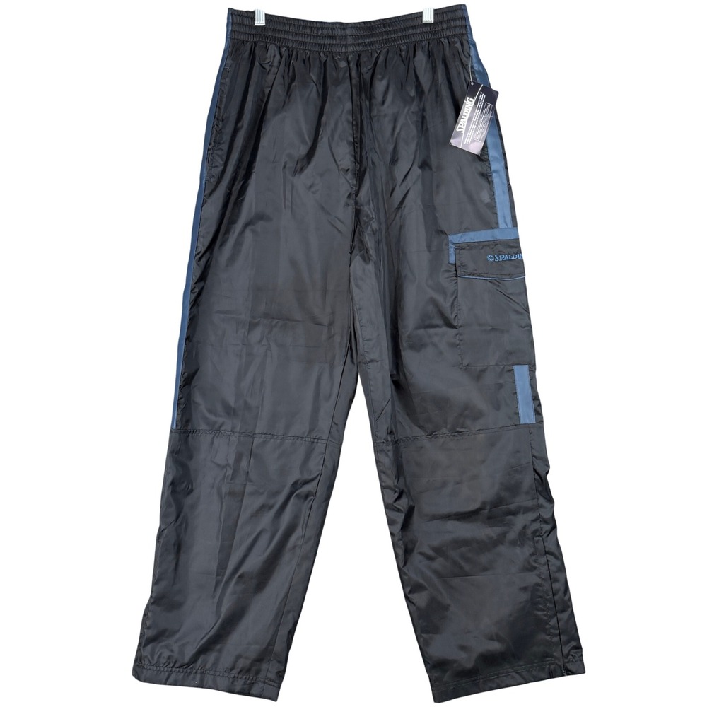 NEW Vtg Spalding Athletic Men's L Black Blue Stripe‎ Mesh Lined Track Wind Pants